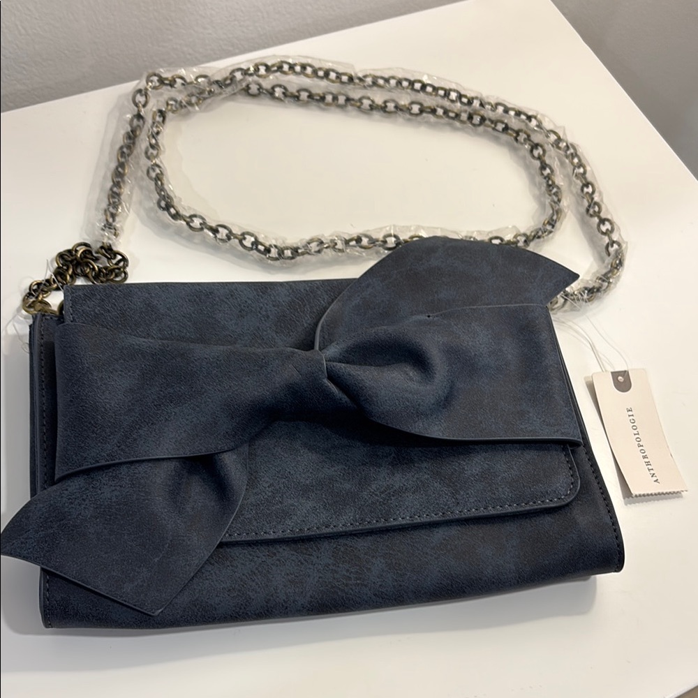 Anthropologie Blue Bow Clutch with Chain Strap NWT